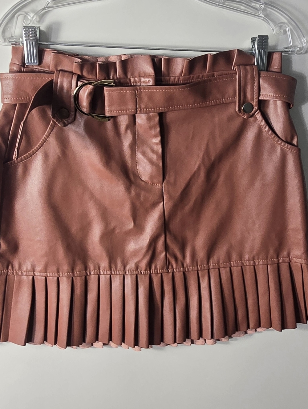 Pleated Faux Leather Mini Skirt with Belt - Rose Brown